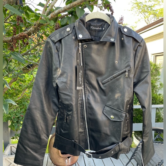 Faux Leather Moto Jacket Black Zip Up Belted - Picture 4 of 13